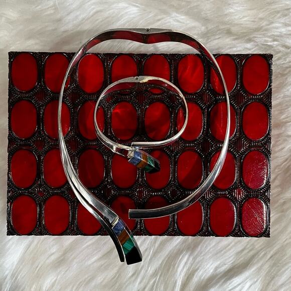NEW TAXCO Mexico Vintage 925 Sterling Multi Stone Inlay Collar Necklace Bracelet - Picture 3 of 14